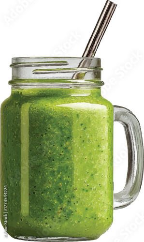 green smoothie in a glass jar with a handle and straw, isolated on a white background, side view. professional food photography