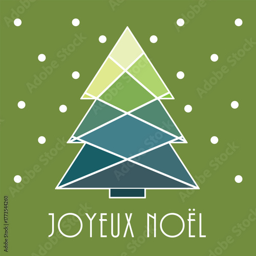 Carte de vœux joyeux noël sur fond vert. Sapin graphique multicolore. Illustration vectorielle dessinée à la main. Français.