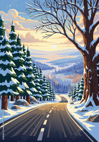 Winter road scene through snowy landscape, with tall trees on either side and distant mountains d