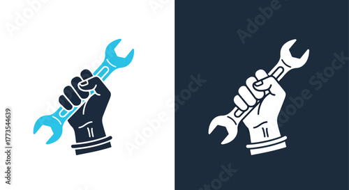 Hand gripping adjustable wrench symbol - Vector icon symbol for website - Icon vector - Blue icon vector