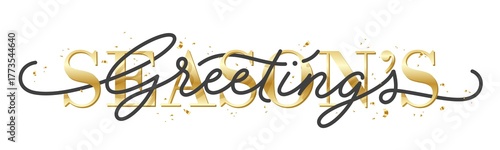 SEASON'S GREETINGS black and metallic gold typography banner with hand lettering and confetti on transparent background