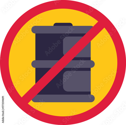 Red prohibition sign crossing out oil barrel, symbolizing ban on oil production, transportation, and usage