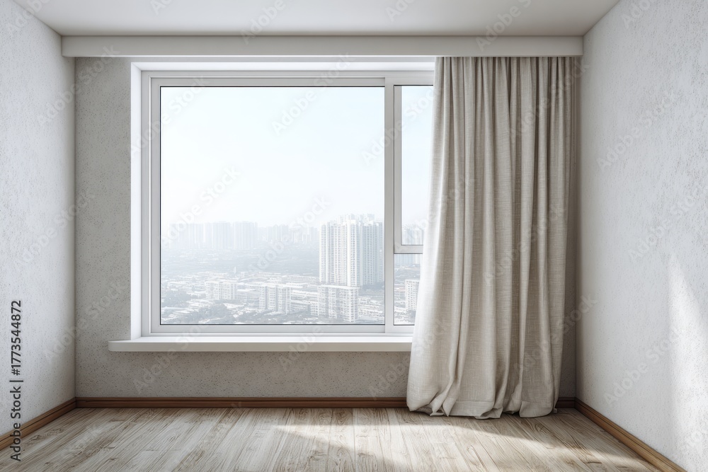 Fototapeta premium Bright room with a large window showing cityscape and draped curtain.