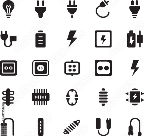 Electrical Vector Icons Set | Electricity, Power Tools, Energy Equipment, Wires, Switches, and Technology Symbols
