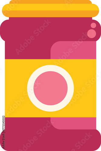 Closed jar of strawberry jam with yellow label and pink lid, preserving delicious flavor, perfect for breakfast or sweet treats