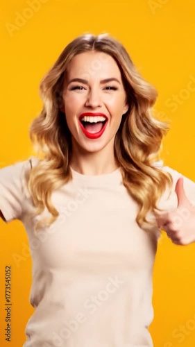Smiling blonde woman with red lipstick, giving a thumbs up against an orange backdrop