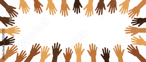 Flat vector of diverse hands forming a frame around white space. Symbol of unity, cooperation, teamwork, and inclusion concept.