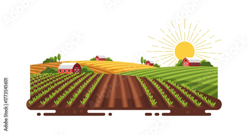 Colorful Vector Illustration of a Farm Landscape with Barns and Crops 1.