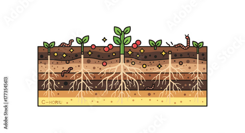 CrossSection Illustration of Soil Layers with Growing Plants and Worms.