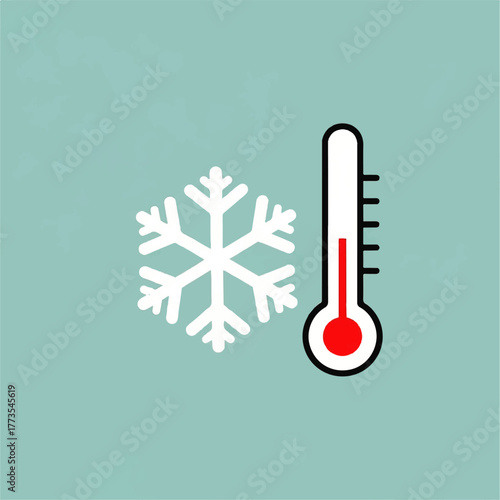 Flat minimal 2d vector icon of a snowflake and a thermometer representing cold weather or low temperature