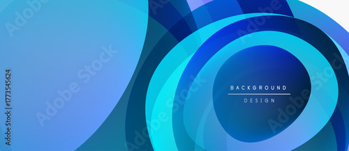 Abstract blue layers create dynamic background. Circular shapes overlap, forming modern design element. Smooth gradients offer visual depth.