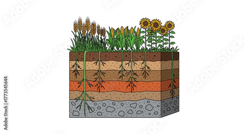 CrossSection Illustration of Soil Layers with Various Crops and Roots.