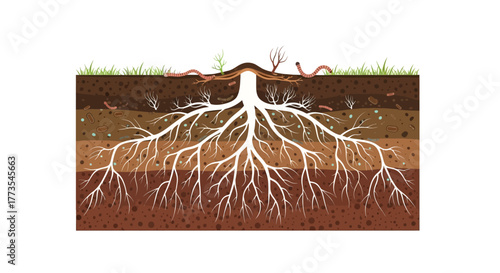 Detailed Root System Illustration with Soil Layers and Worms.