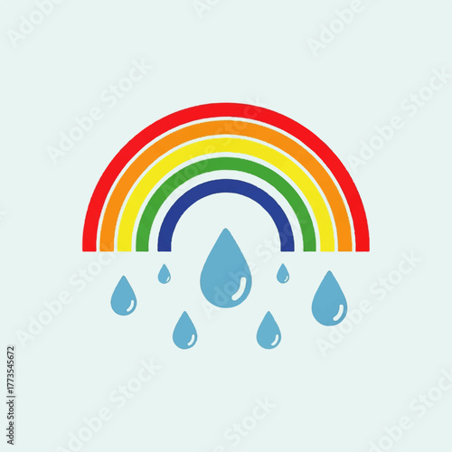 Flat minimal 2d vector icon of a rainbow with rain drops on a light blue background, perfect for weather and nature themes