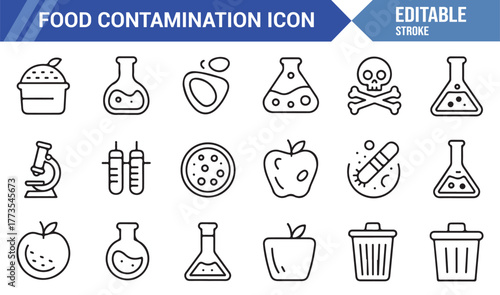 "Food Contamination Icons – Editable Stroke Vector Illustrations for Safety and Laboratory Design"