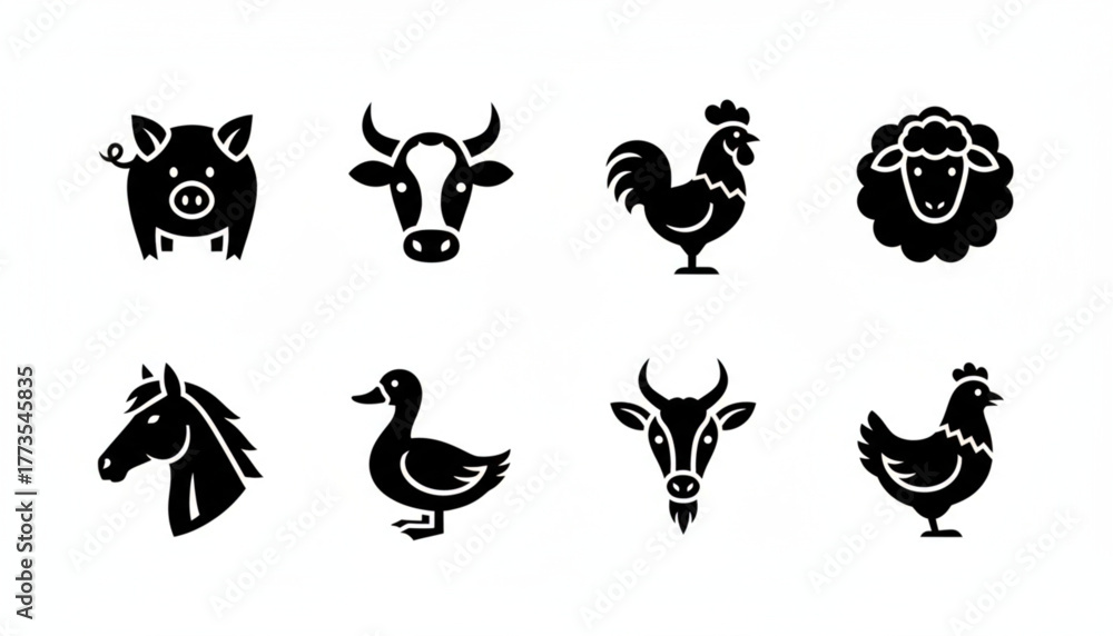 Fototapeta premium Charming farm animals icons for branding, web design, or crafts, perfect for agriculture, farming, or educational projects with pig, cow, chicken and horse