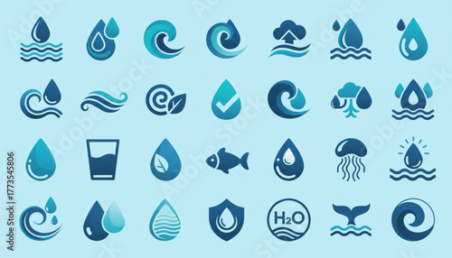 Dive into a world of refreshing hydration with these modern water droplet icons perfect for branding, environmental campaigns, and creating a clean aesthetic design