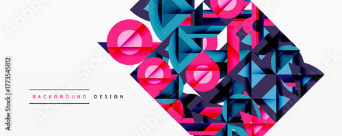 Abstract geometric design. Vibrant shapes overlap, creating dynamic composition. Pink, blue, purple hues dominate visual space. Modern aesthetic.