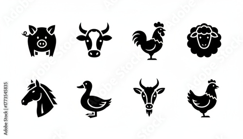 Charming farm animals icons for branding, web design, or crafts, perfect for agriculture, farming, or educational projects with pig, cow, chicken and horse