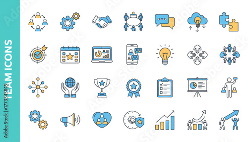 Dynamic team icons for business collaboration, networking, and innovative project development showing synergy and growth for a modern workplace environment