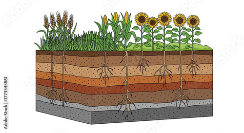 Soil Profile with Wheat Corn and Sunflowers Illustration.
