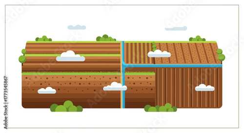Stylized Illustration of a Farm Field with Crops Clouds and Waterways.