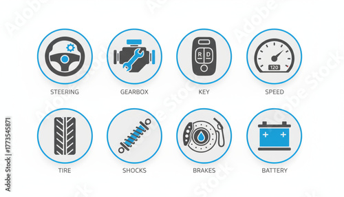 Explore essential car components with this modern icon set, including steering, gearbox, key, speed, tire, shocks, brakes, and battery for automotive design projects