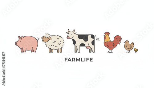 Adorable farm animal illustrations featuring a pig, sheep, cow, rooster, hen, and chick for educational resources or a cute farm-themed project