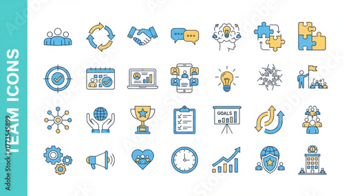 Teamwork icon set conveying collaboration, achieving goals, and celebrating success through partnership, ideal for corporate communications and training materials