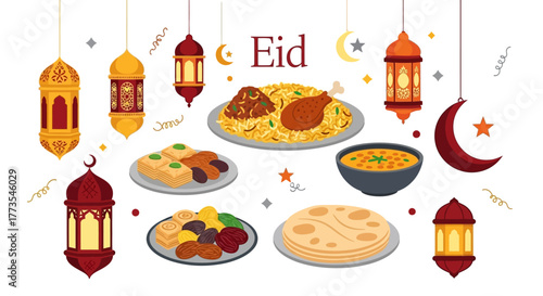 Eid Celebration Festive Food and Lanterns Islamic Holiday Feast.