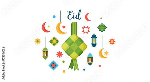 Eid Celebration with Ketupat Crescent Moons Stars and Lanterns Illustration.