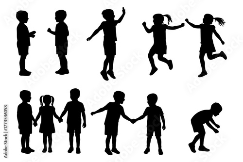 Set of children silhouettes with boys and girls standing, talking, jumping, and holding hands in various poses