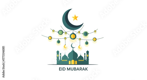 Eid Mubarak Graphic with Mosque Crescent Moon Star and Lights.