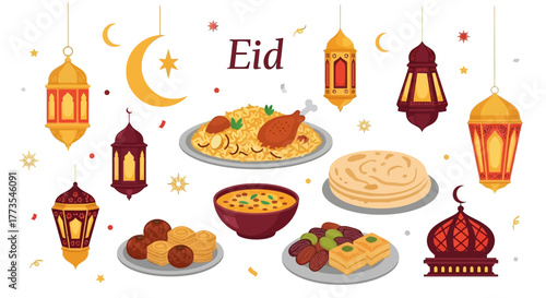 Eid Celebration with Traditional Food and Decorative Lanterns Illustration.