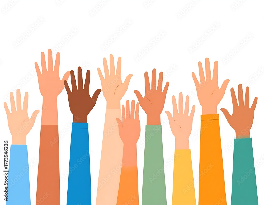 Fototapeta premium Diverse cartoon hands with arms raised in a white background