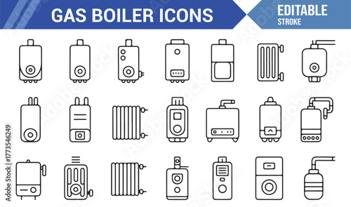 "Minimal Gas Boiler Icons – Line Art Vector of Water Heaters, Thermostats, and HVAC Equipment"