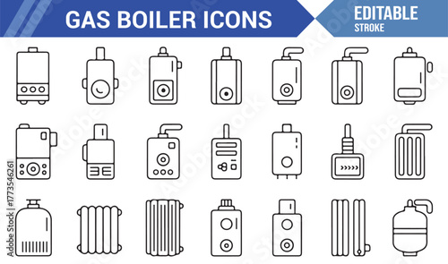 "Home Heating Icon Collection – Modern Outline Gas Boilers and Radiator Vector Set"