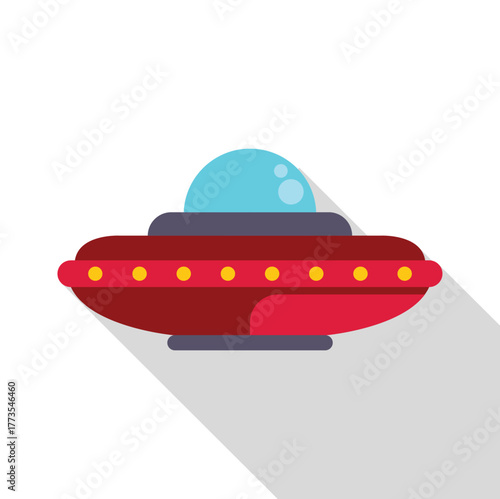 Red alien spaceship flying in the sky with blue glass dome
