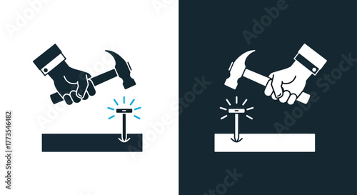 Hand hitting nail with hammer icon set - Vector icon symbol for website - Icon vector - Blue icon vector