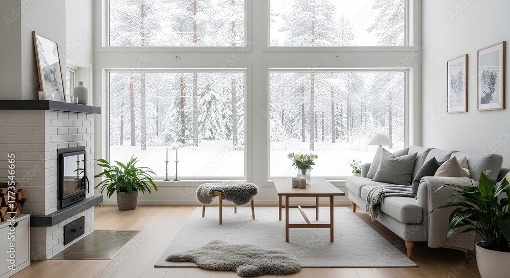 Obraz premium Bright living room with large windows overlooking a snowy forest, featuring a fireplace, sofa, and plants.