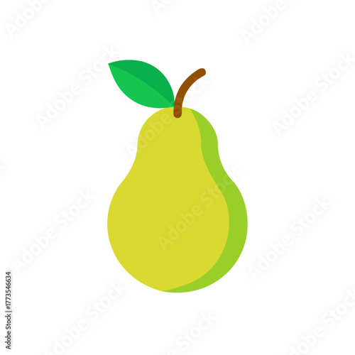 Cartoon flat design illustration of a ripe green pear fruit with stem and leaf, vector graphic isolated element symbolizing healthy eating, diet and wellness on white background.