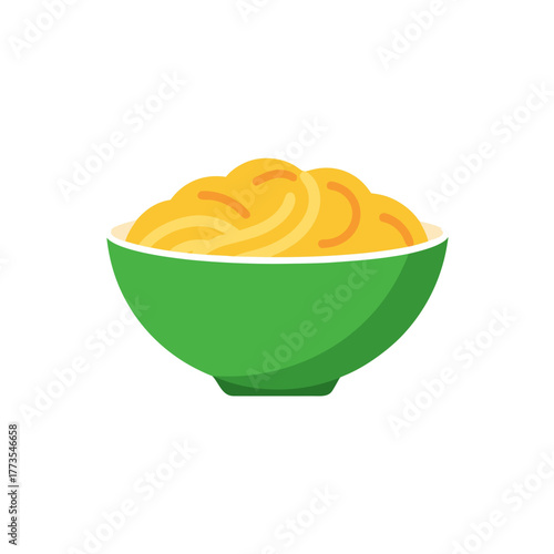 Green bowl filled with bright yellow mashed food, icon style vector illustration, isolated symbol of breakfast porridge or macaroni cheese on a clean white background.