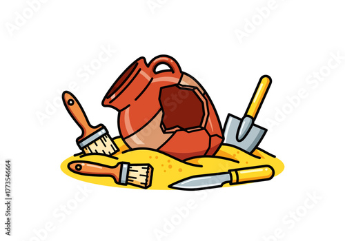 Iconic tools of archaeology, including brushes and a trowel, rest in the sand beside the fragments of a newly unearthed ancient terracotta pot in this flat vector illustration.
