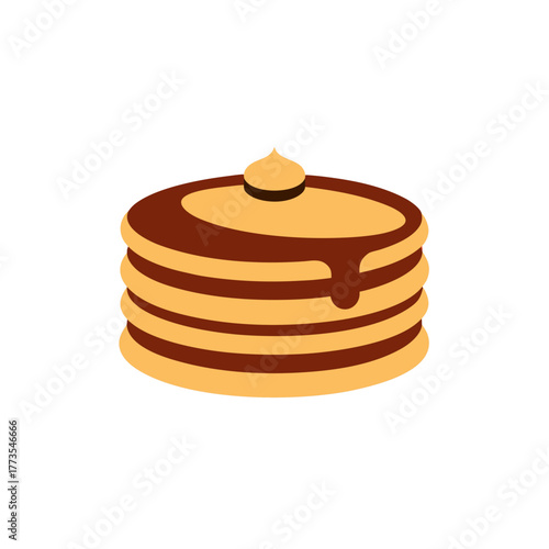 Symmetric stack of five golden brown breakfast pancakes drizzled with thick chocolate syrup topping and a melting knob of butter, stylized flat vector icon illustration