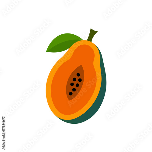 Stylized vector icon of a halved ripe papaya fruit displaying the bright orange pulp, small black seeds, green outer skin, and a single leaf, symbolizing tropical healthy diet and freshness.