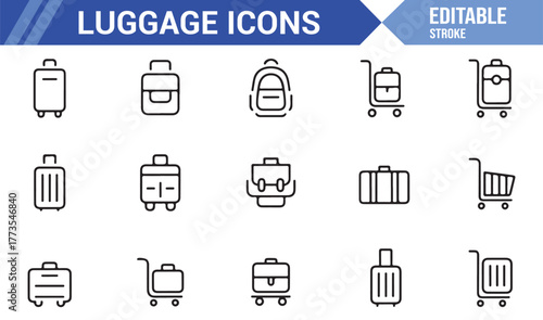 "Outline Travel Icons – Suitcases, Baggage, and Carry-On Bags Vector Illustration Set"