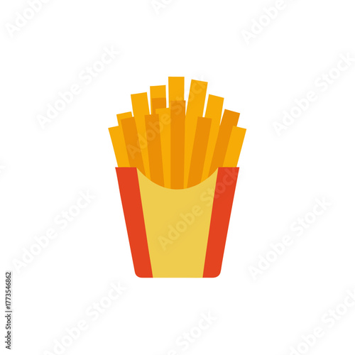 French fries icon vector illustration in flat design style showing crispy golden potato sticks served hot in a classic red and yellow cardboard box fast food snack graphic element isolated.