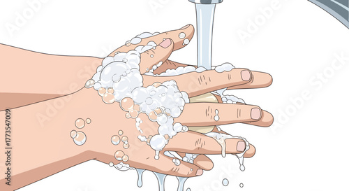 Hand washing illustration showing soapy hands being rinsed under running water, promoting hygiene and cleanliness