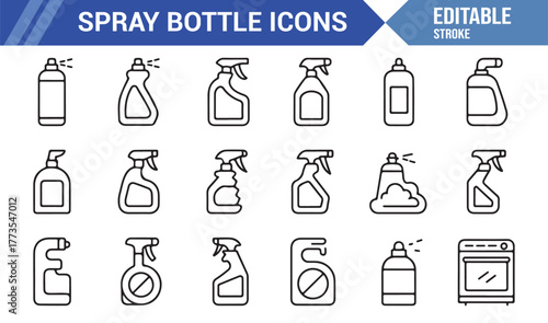 "Cleaning Product Icon Set – Minimal Outline Spray Bottles, Sanitizers, and Detergent Containers"