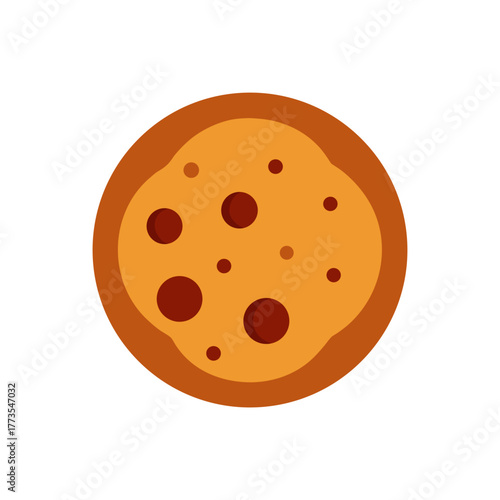 Flat design graphic illustration of a simple cartoon pizza icon with pepperoni toppings, representing fast food delivery, restaurant menu items, or dinner options on a white background